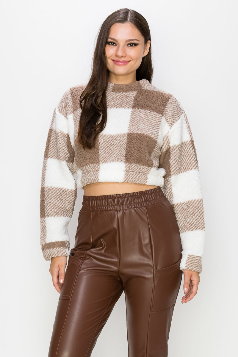 Add a Trendy Twist to Your Wardrobe with Our Plaid Pattern Crop Fuzzy Top