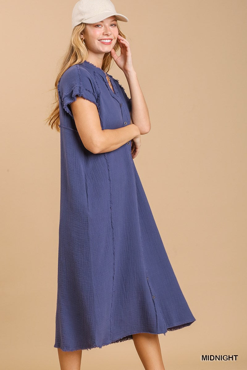 Vintage Style Front Button Down Solid Color Midi Dress
