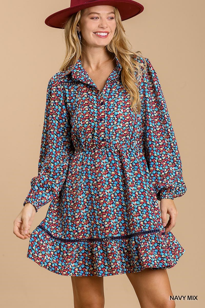 Cute Front Button Down Floral Print Dress Collared neckline