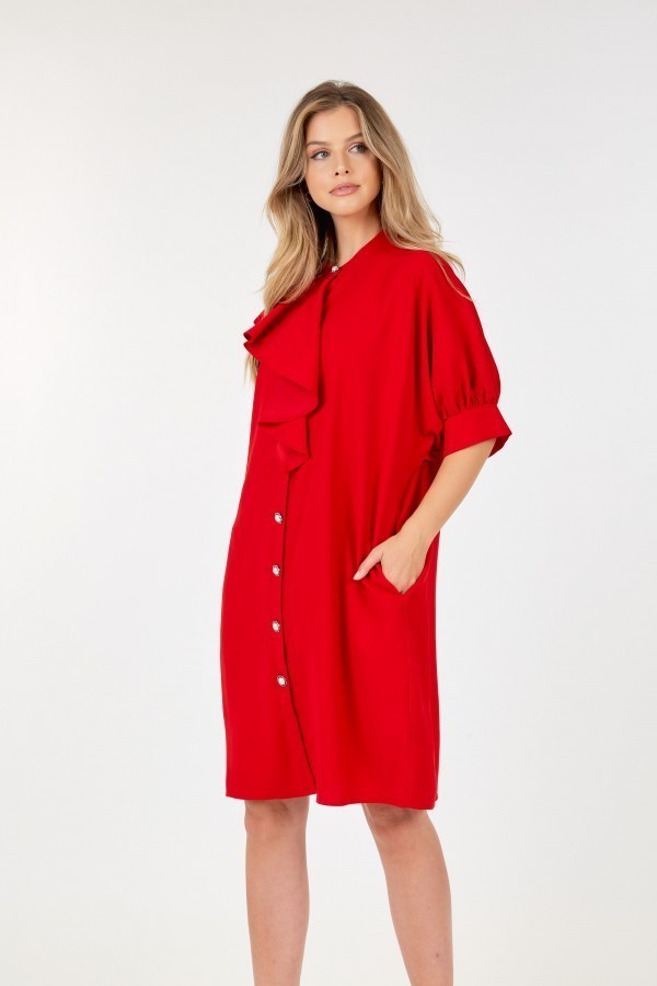 Button Down Puff Sleeve with Frill Detail Midi Dress