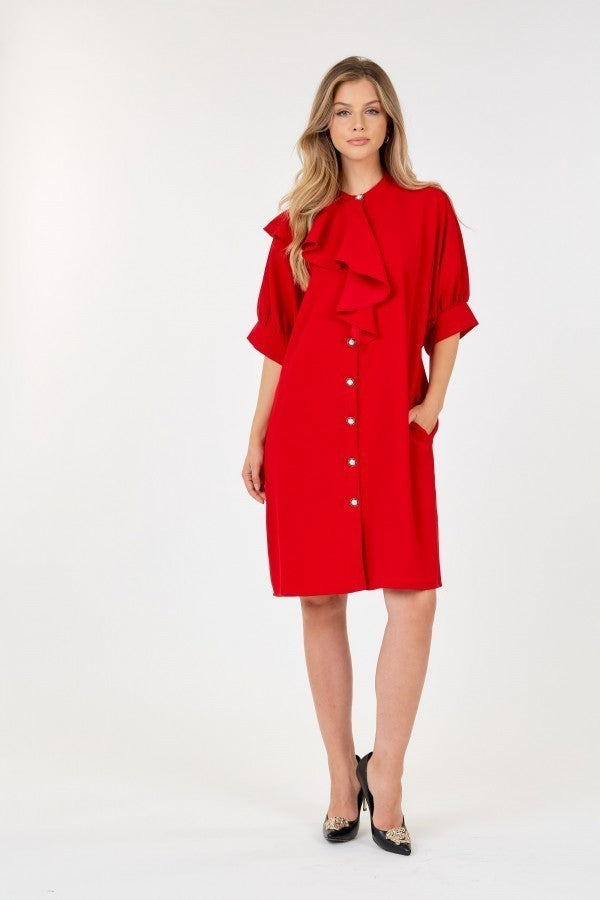 Button Down Puff Sleeve with Frill Detail Midi Dress