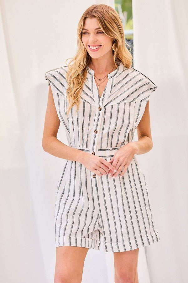 Front Button Down Elastic Band Romper with Stripes Print