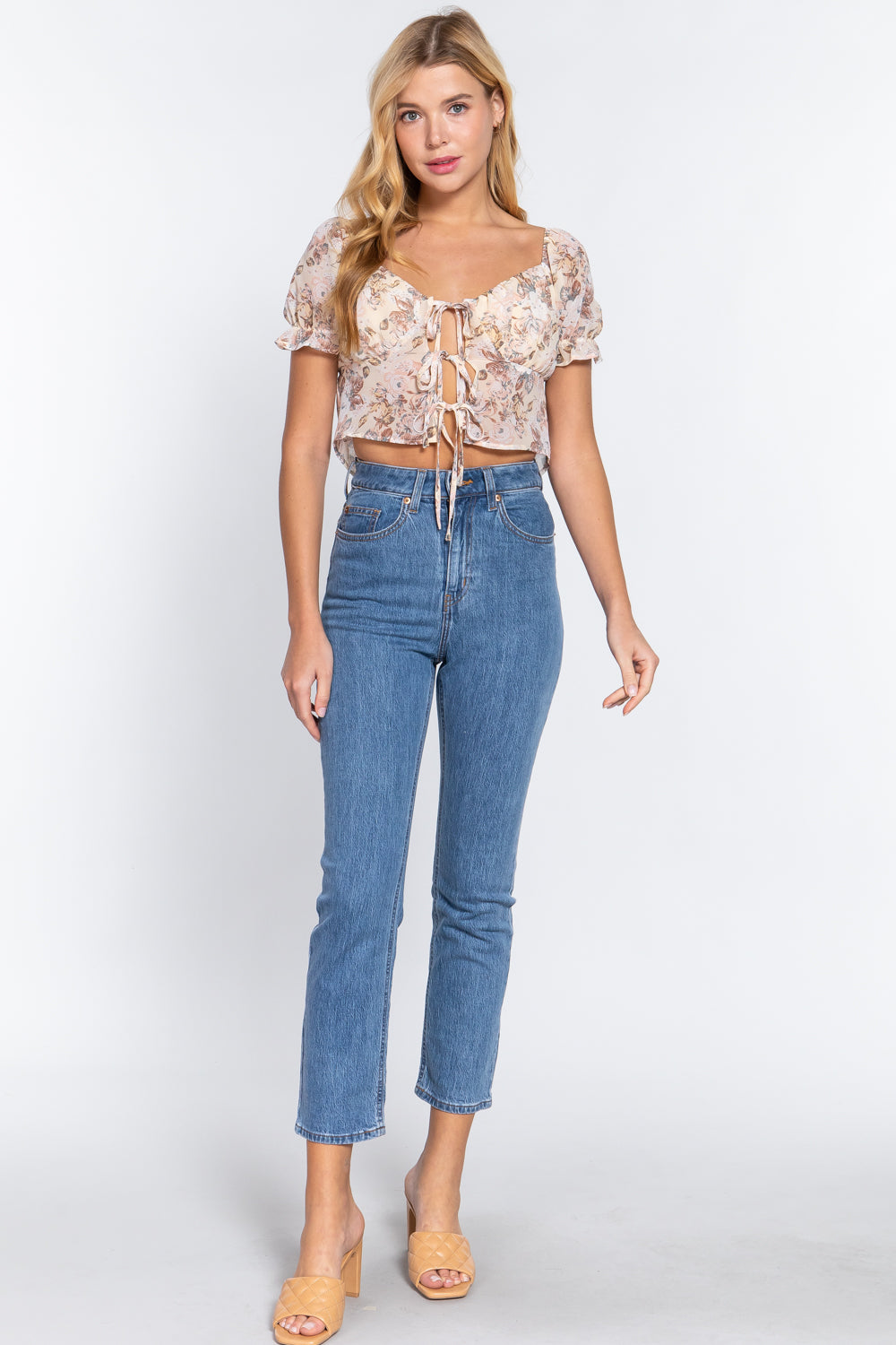 Flower Printed Woven Front Tie Top