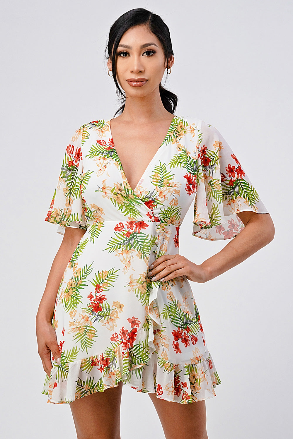 Tropical Printed Bell Sleeve Dress