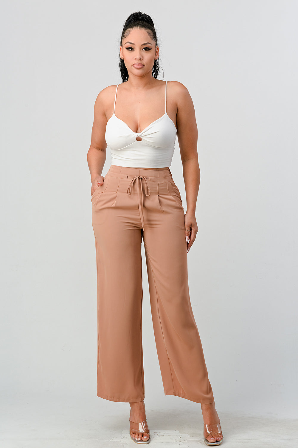 Pleated Detail Tie Front Pants