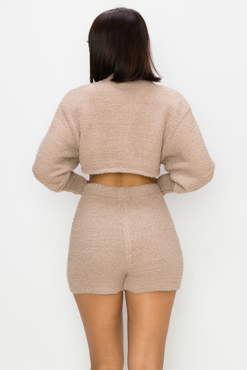 Stay Fashion-Forward and Comfy with Our Fuzzy Mock Neck Crop Top & Sweater Shorts Set
