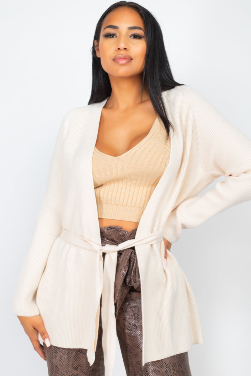 Belted Solid Sweater Cardigan