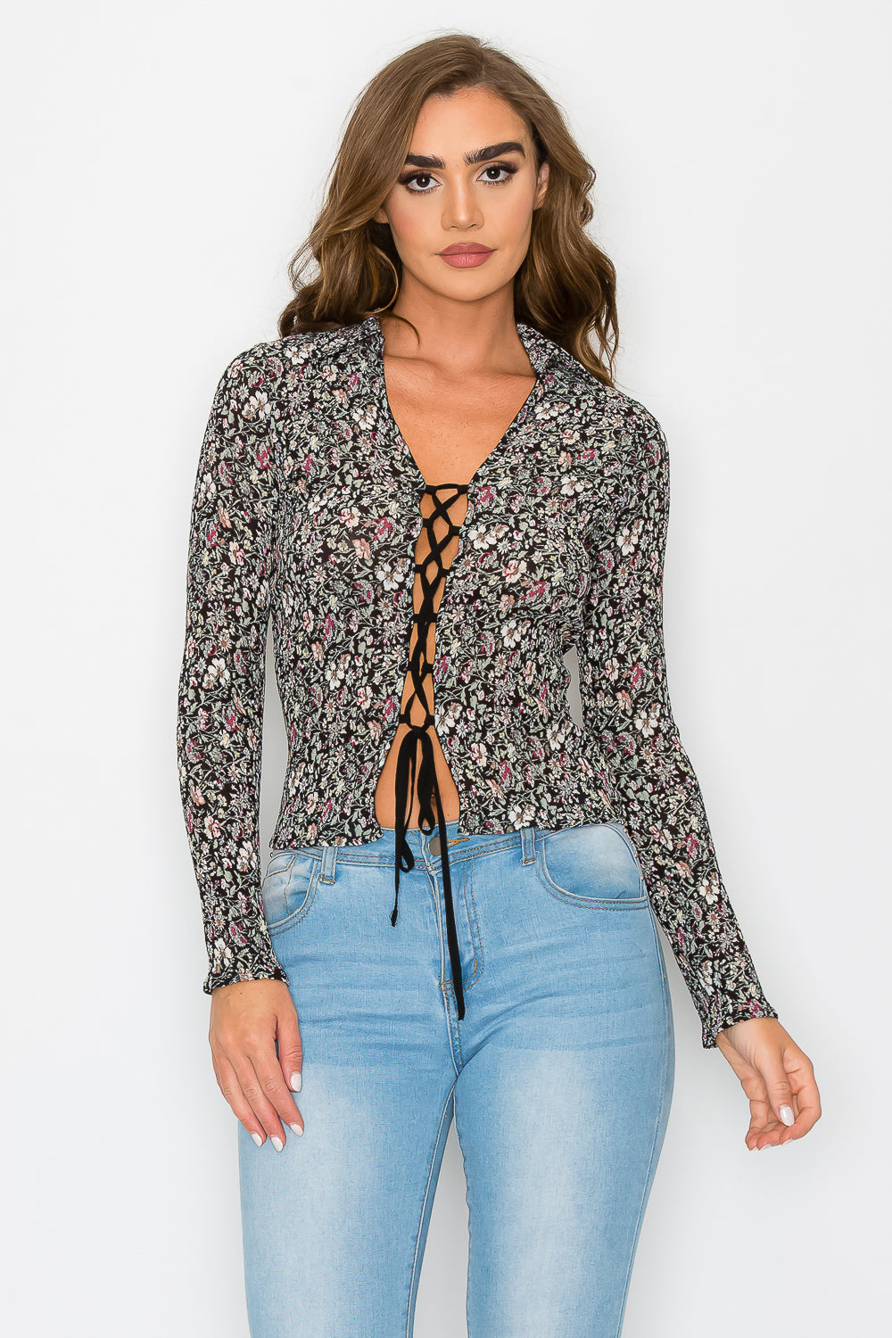 Lace up Pleated Printed Blouse