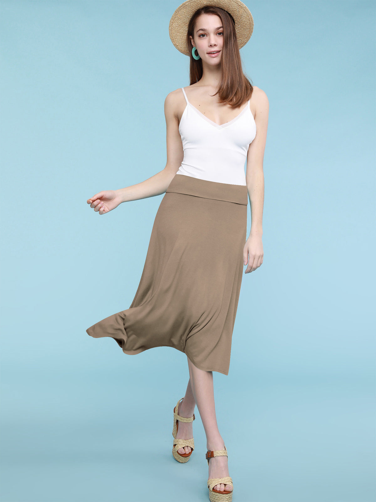 Everyday Wear Women's Solid Ombre Lightweight Flare Midi Pull On Closure Skirt