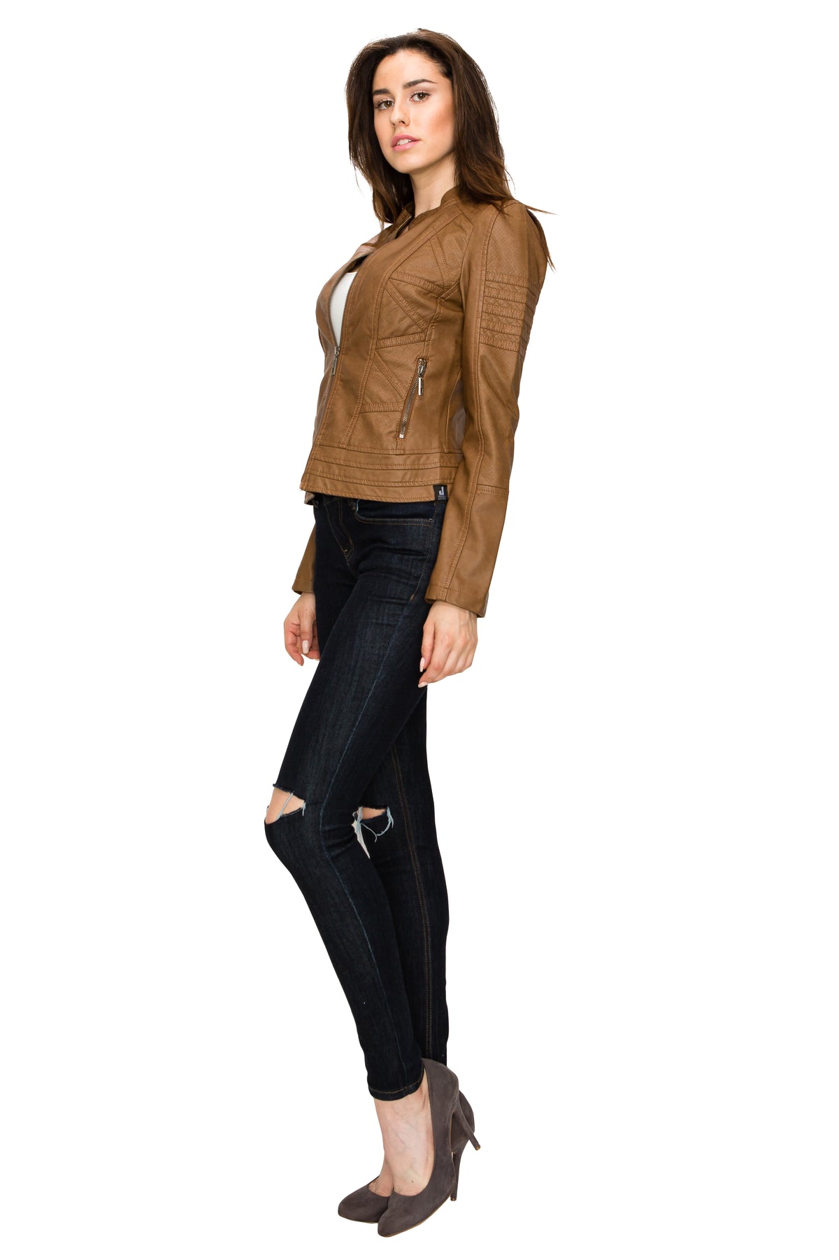 Faux Leather Zip Up Moto Biker Jacket with Stitching