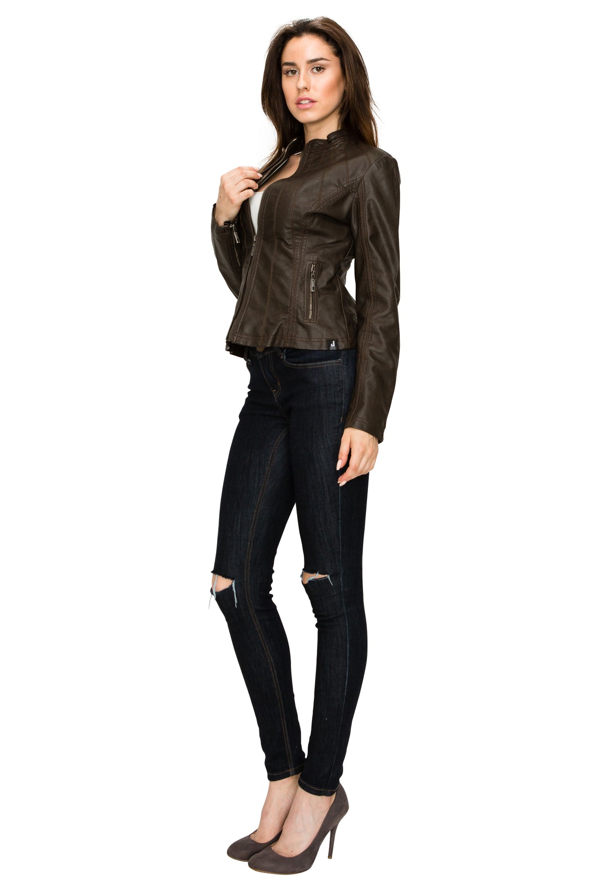 Faux Leather Jacket with Vertical Stitching Detail