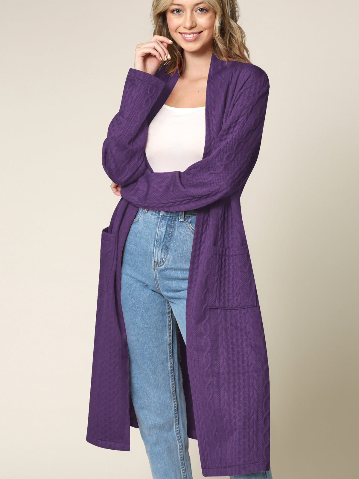 Casual Cozy Braided Open Front Long Pocket Cardigan Sweater