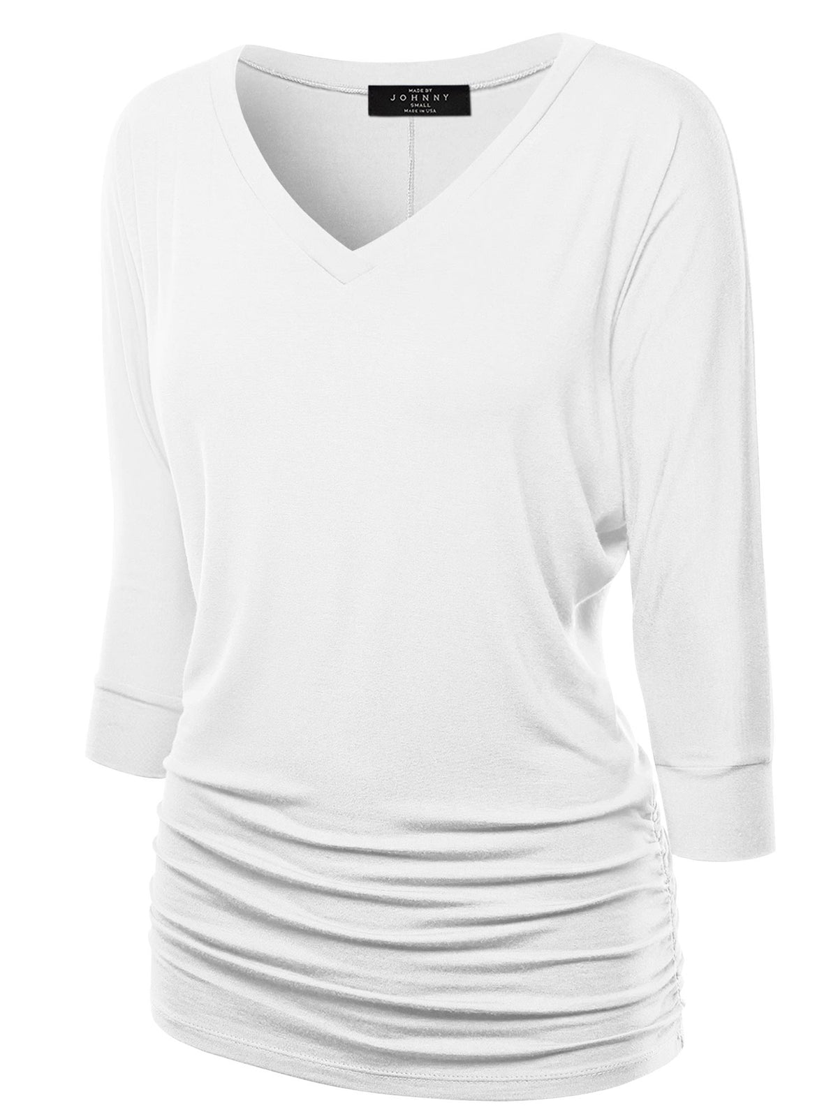 Everyday Solid Color Women's V-Neck 3/4 Sleeve Drape Dolman Shirt Top with Side Shirring