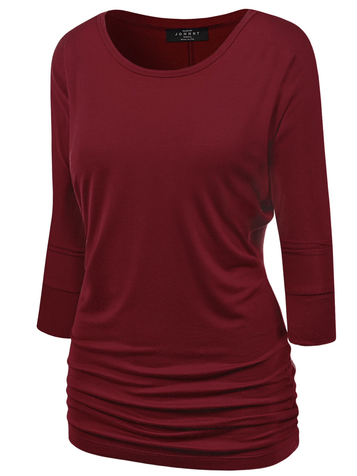 Everyday Solid Color Women's Boat Neck 3/4 Sleeve Drape Dolman Shirt Top with Side Shirring